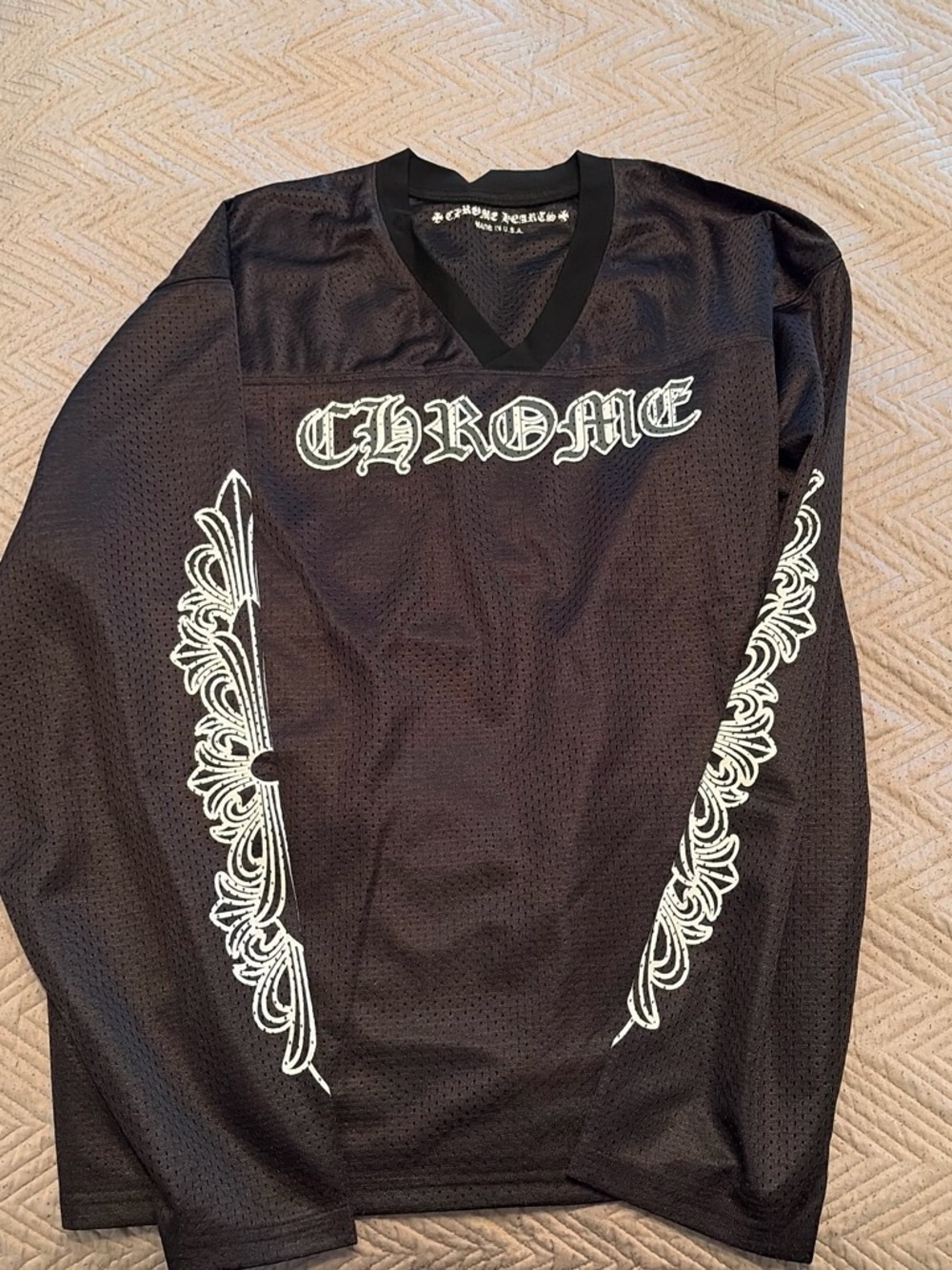 Chrome Hearts Black Jersey with White Gothic Logo and Sleeve Scrolls